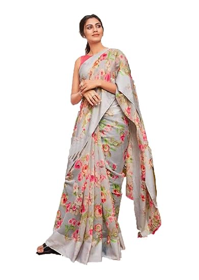 Womens Grey Color Linen Cotton Saree With Blouse Piece (MONILI GREY_Free Size)
