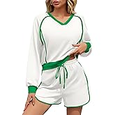 Fisoew Womens 2 Piece Outfits Casual V Neck Cropped Sweatshirt High Waisted Workout Shorts Sets Loose Tracksuits
