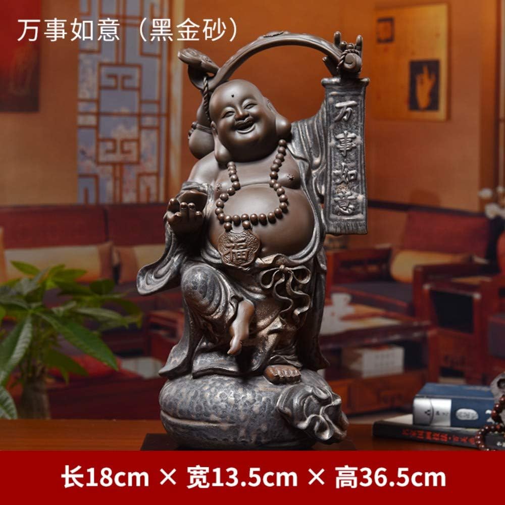 Big Laughing Buddha Statue For Good Luck Wealth And Happiness,Chinese Black Golden Ceramic Big Belly Standing Maitreya Figurine For Zen Meditation,Handmade Sculpture Ornamentfor Home Desk Decor