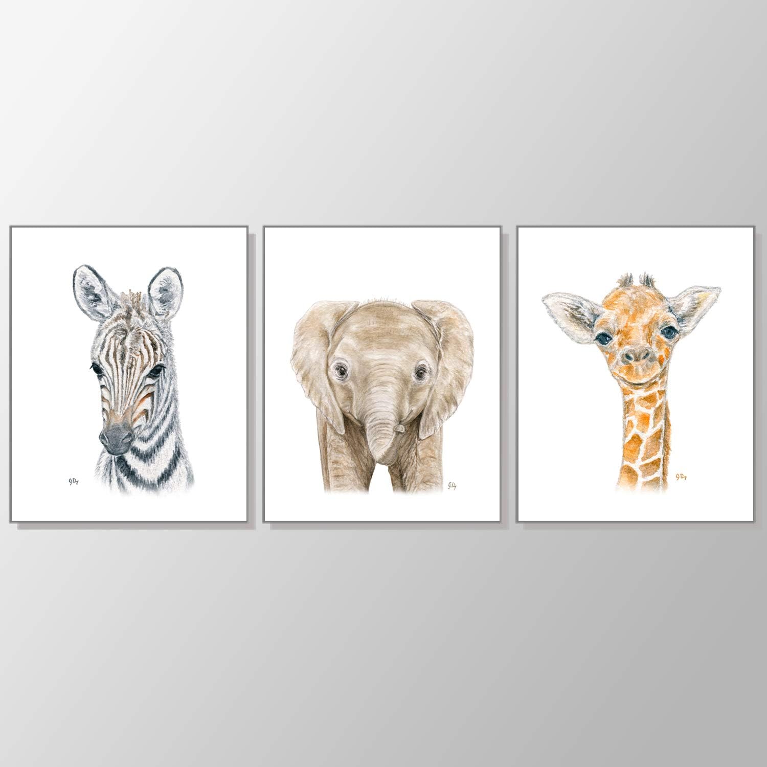 Safari Animal Nursery Prints Unframed Set of 3, Pick Your Baby Animals and Print Size, Original Watercolor Art Signed By Artist