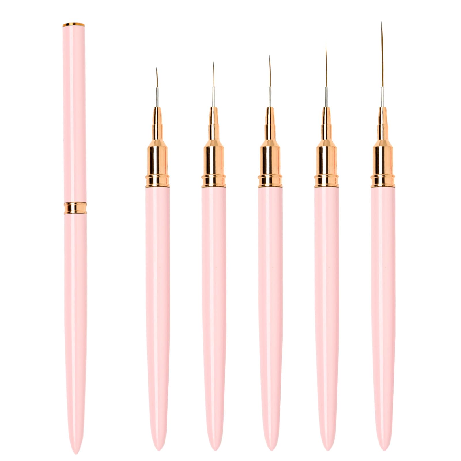 5PCS Nail Art Liner Brushes Long Set with Lid 7/9/11/15/25mm, LEA-SHALL Ultra Fine Detail Painting Cap Pens Kit Thin Acrylic Line Brush Tools for DIY Professional Design Pink Series