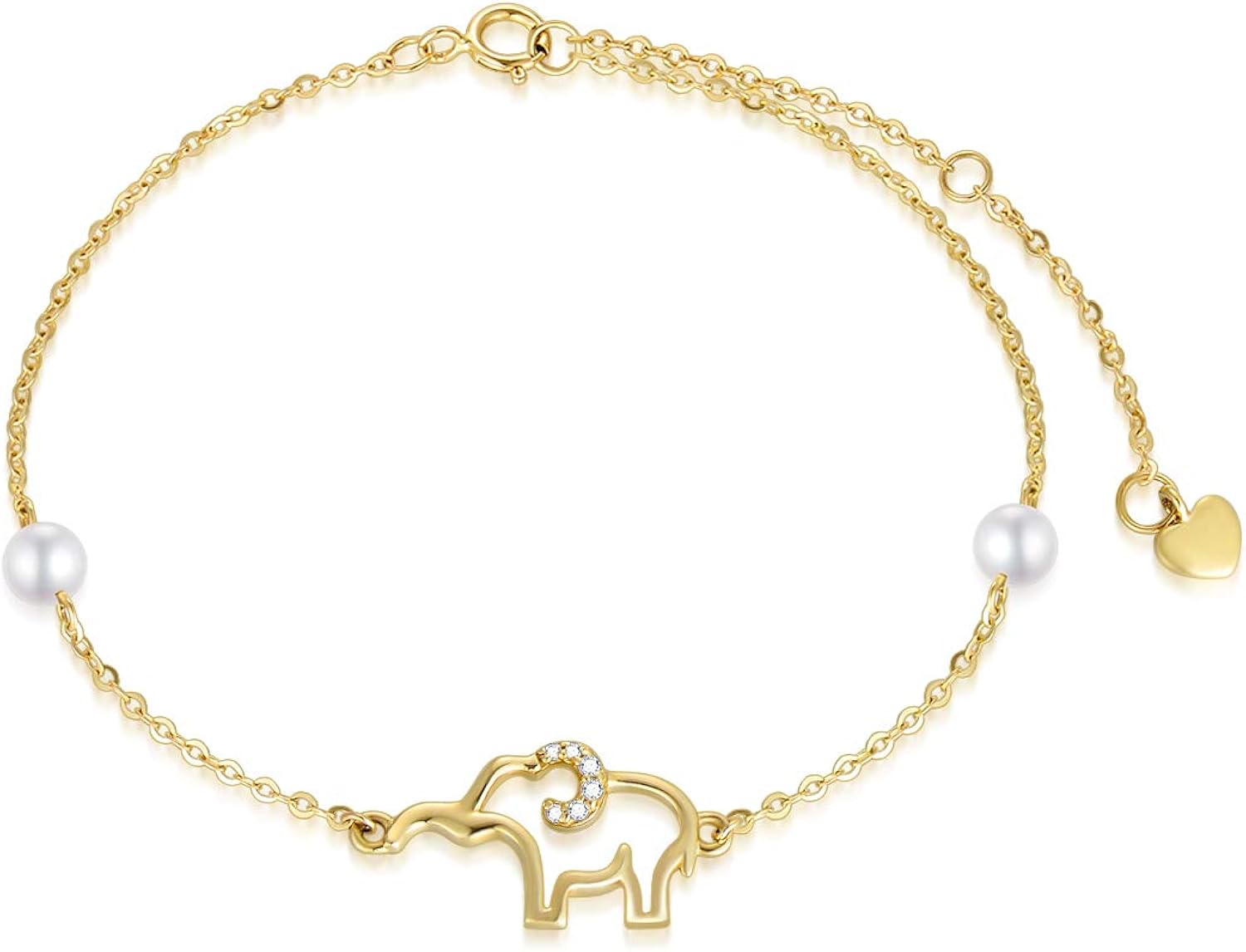 14k Gold Elephant Bracelet for Women, Real Gold Pearl Lucky