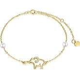 SISGEM 10k Gold Diamond Elephant Bracelet for Women, Real Gold Pearl Lucky Jewelry Bracelets Present for Her, 6.4"+1"+1"