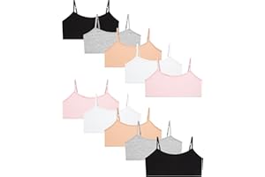 Rene Rofe Girls' Training Bras 10 Pack - Cotton Stretch Cami Bralettes with Adjustable Spaghetti Straps Beginner Bras (7-14)