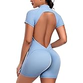 SEASUM Workout Jumpsuits for Women Zip Up Romper Open Back Bottom Short Sleeve Sexy Workout Bodysuit for Gym
