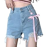 RILGOU Y2K Kawaii Vintage Gothic Casual High Waisted Wide Leg A-Line Ripped Hem Pink Ribbon Heart Trim Jean Shorts