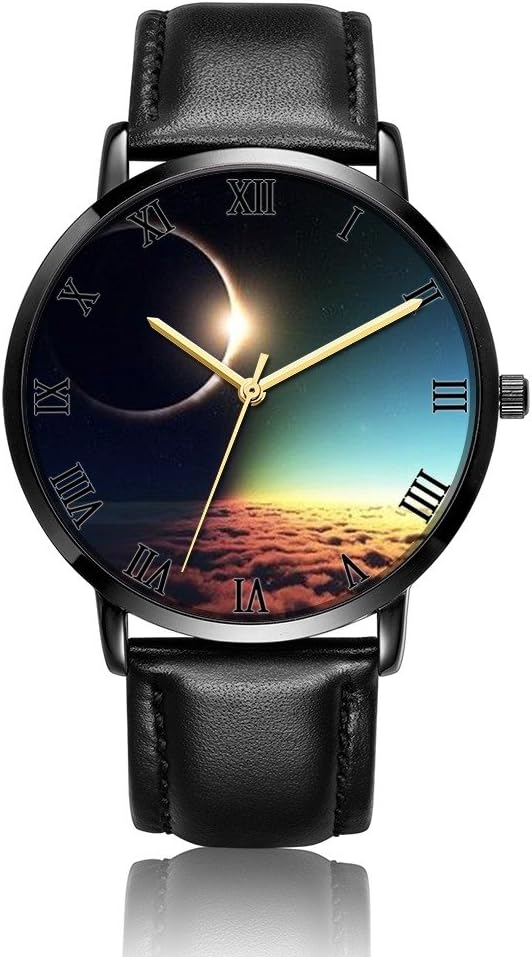 Whiterbunny Customized Total Solar Eclipse Wrist Watch Unisex Analog Quartz Fashion PU Leather Bracelet Wristwatch for Women and Men