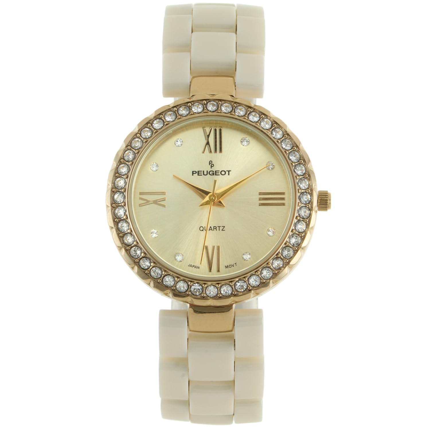 Peugeot Women's 7078GCR Beige Ceramic Swarovski Crystal Gold Bezel Watch