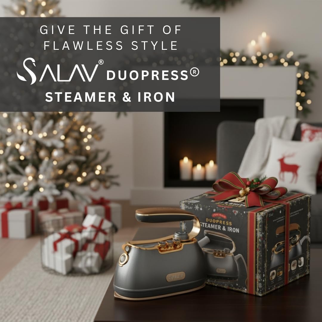 SALAV® Retro Edition Duopress Handheld Garment Steamer and Iron, Ceramic Plate, 1000 watts of Steam, Removes Wrinkles on Clothes, Vintage Style No Drip Steam, Titanium