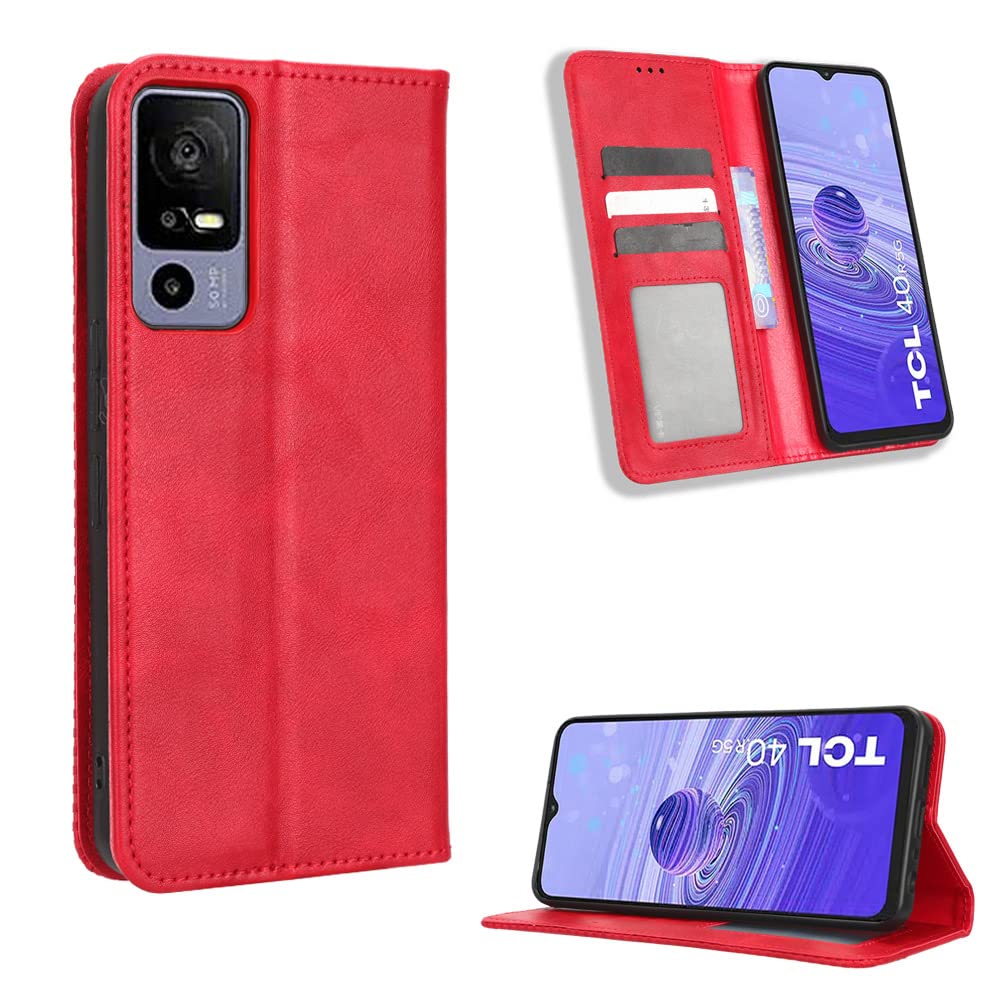 COMAKU Retro Folio Case for TCL 40 R 5G, Premium Leather Cover with Wallet Cash Card Slot - Red