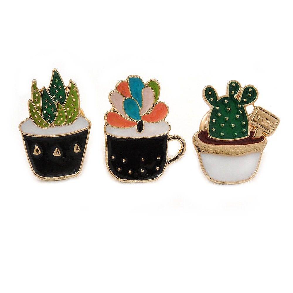 3 Pcs Funky Enamel Cactus, Grass, Aloe Vera Potted Plant Brooch Set for Clothes/Bags/Backpacks/Jackets - 30mm Tall