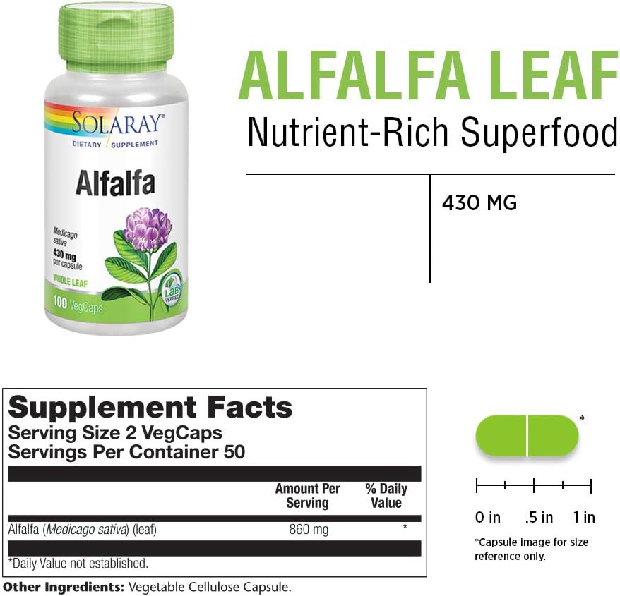 Solaray Alfalfa Leaf 430mg | Vitamin-Rich Superfood w/Fiber & Chlorophyll | Healthy Blood, Kidneys & Digestion Support | Non-GMO, Vegan | 100 VegCaps: Health & Personal Care