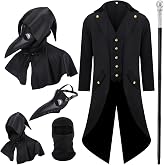 Mepase 5 Pcs Plague Doctor Costume Men Halloween Beak Mask Cloak | Steampunk Gothic Tailcoat with Gold Buttons, Medieval Party Cosplay Outfit, Balaclava Hood, Walking Cane with Skull Head