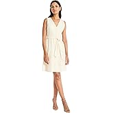 Maggy London Women's Sleeveless V-Neck Tie-Belt A-line-Knee Length with Decorative Topstitching-Casual Wedding Guest Dress