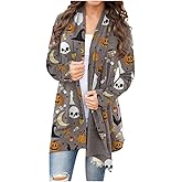 FASHGL Halloween Cardigan for Women Pumpkin Face Print Tunic Shirt Spooky Season Lightweight Long Sleeve Cardigans