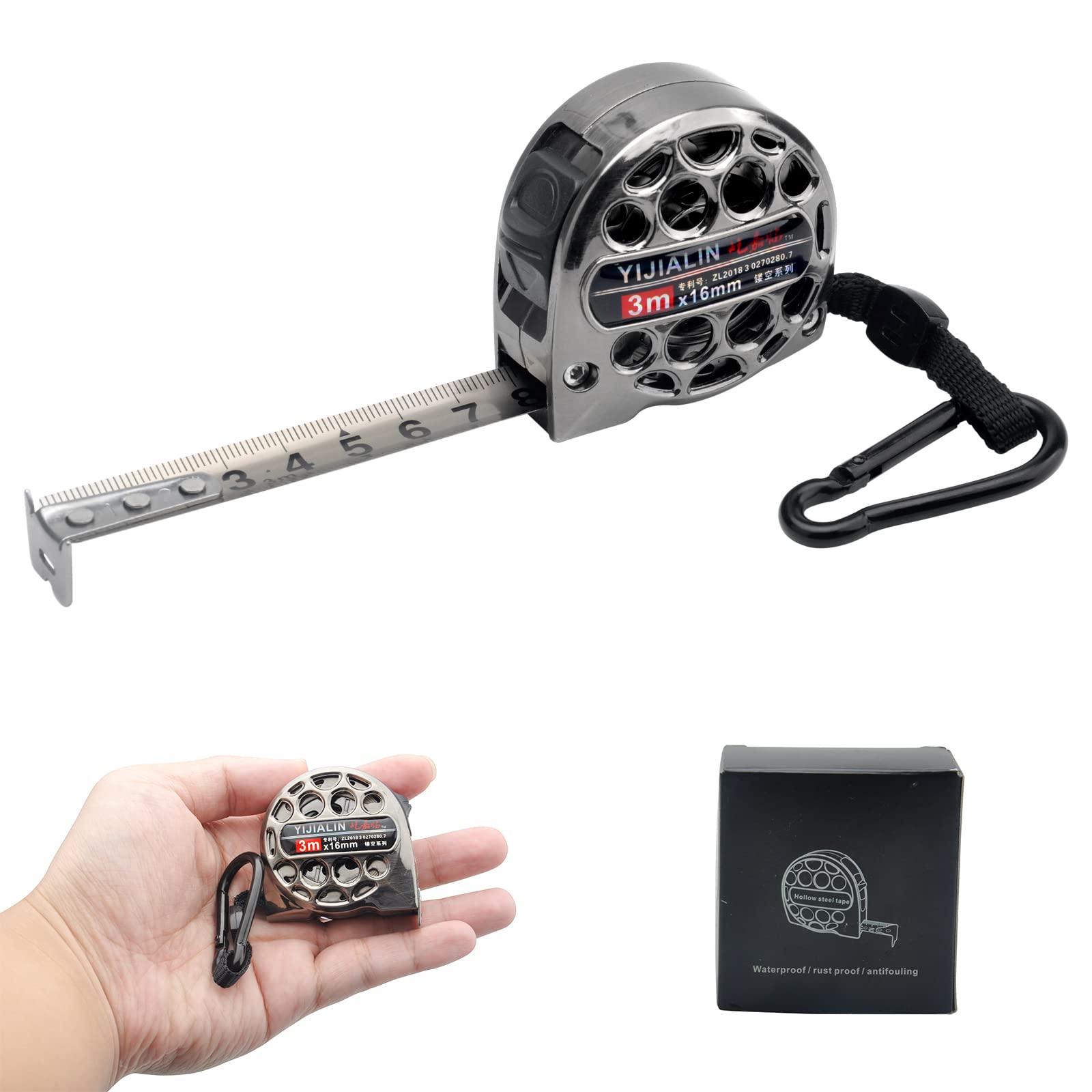 Retractable Tape Measure, Hollow Stainless Steel Tape Measure, High Precision Retractable Hollow Tape Measure, Nickel Plated Stainless Steel Tape Measure for Industrial and Home Use (3m x 16mm)