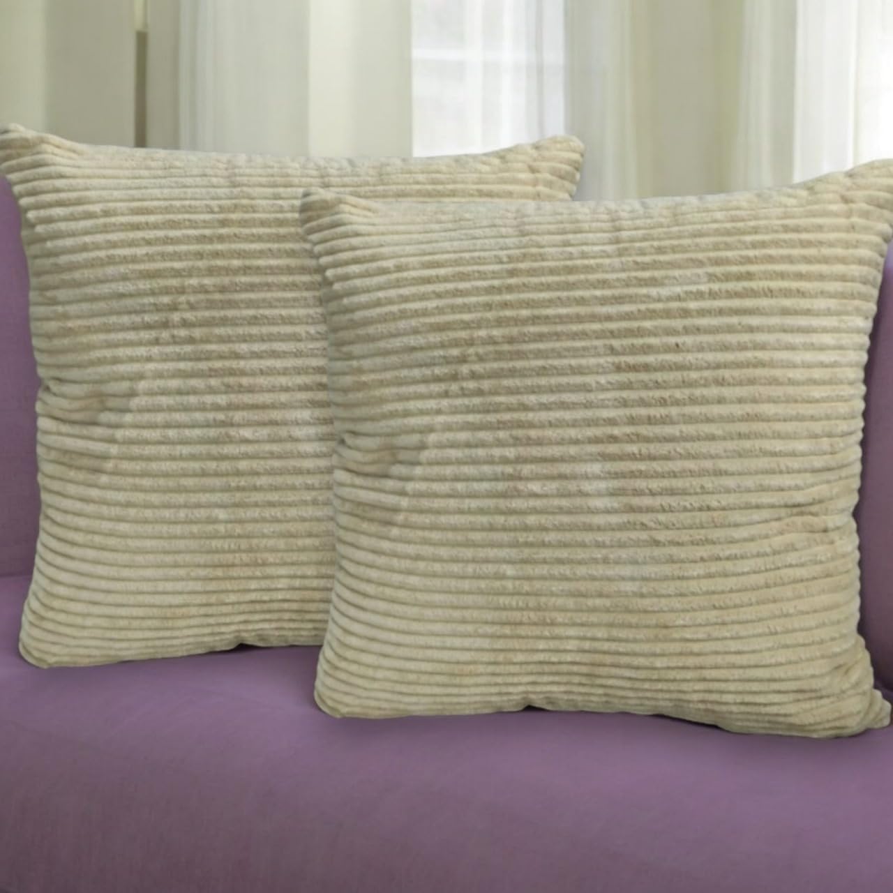 Seechoo Corduroy Cushion Covers, Set of 2, 45 x 45 cm, Striped, with Invisible Zipper, 18 x 18 Inch (Beige)