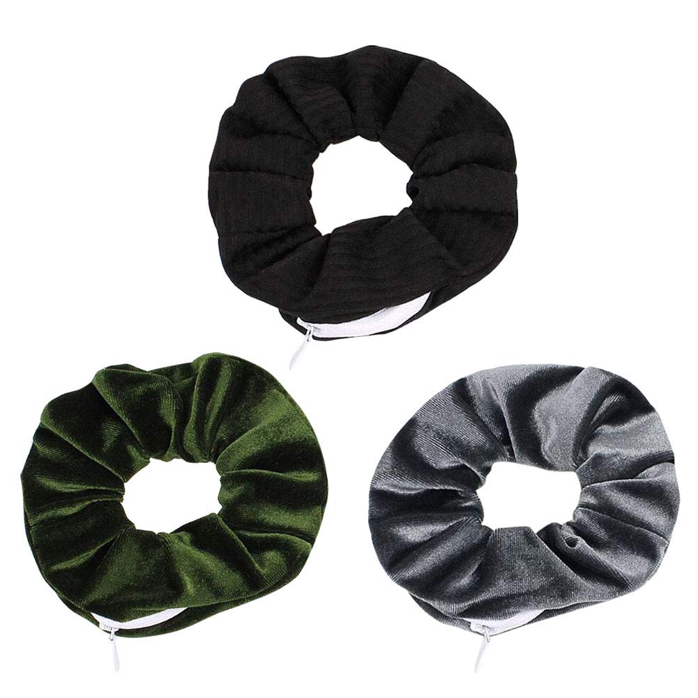 Velvet Hair Tie Scrunchies for Girls & Women - Original Hidden Pocket Scrunchie with Zipper Pocket Storage for Accessories, Small Items, Keys, Money (3-Pack-B)