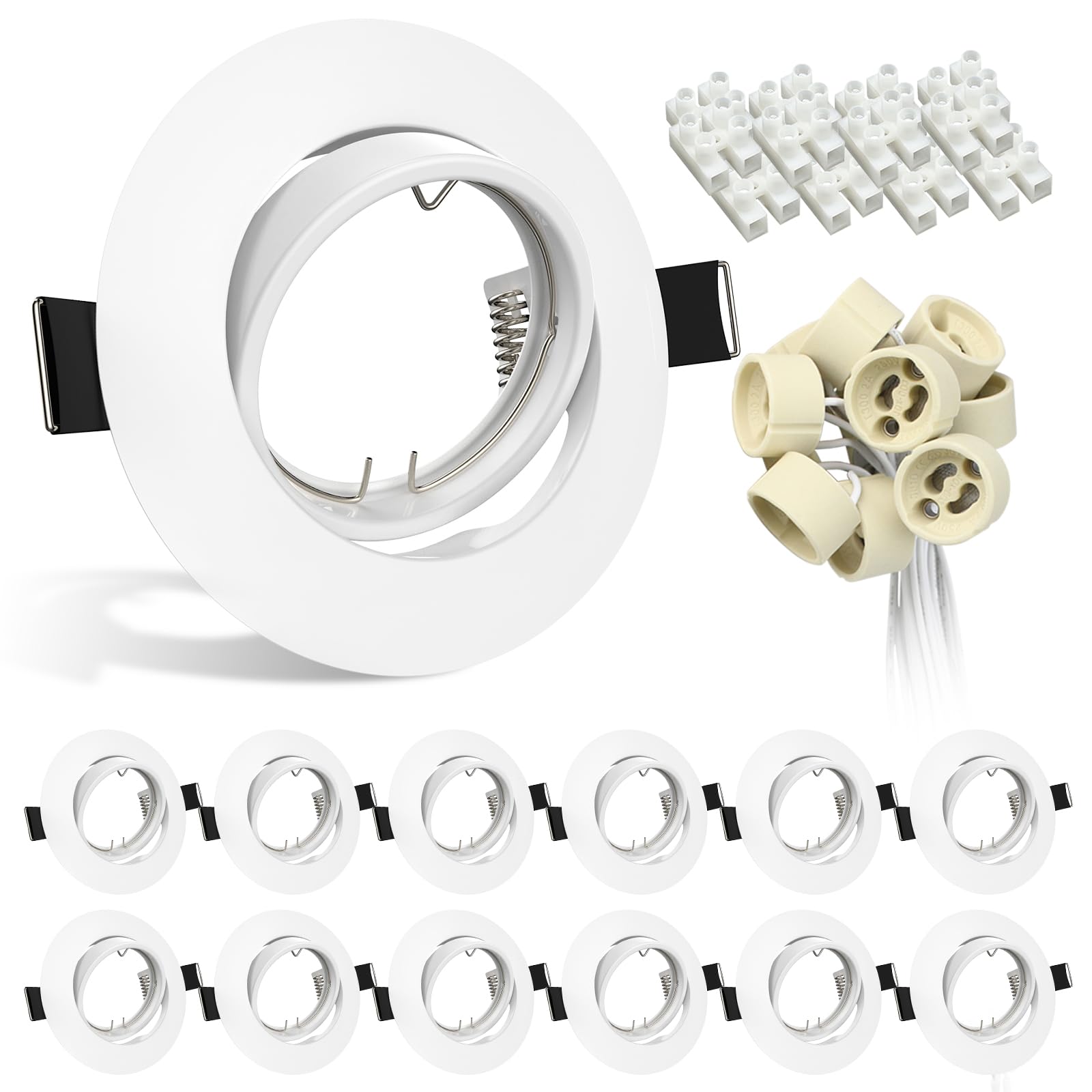 Wondlumi 12x Recessed Ceiling Lights Mounting Frame Round White Frame Downlights for Ceiling 30° Tilt Swivel Spotlight Fitting incl. GU10 Socket, Recessed Lighting