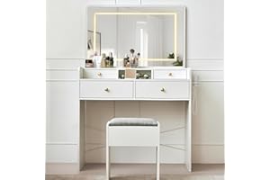 JanflyHome Vanity Desk with Mirror and Lights, Makeup Vanity Table with Drawers, Storage Stool, 41" Large Mirror Dressing Table Vanity Set for Girls Women Bedroom, White