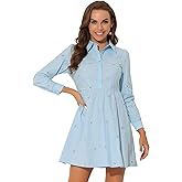 Allegra K Women's Shirt Dress Long Sleeve Collared Floral Embroidered Casual Mini Dresses