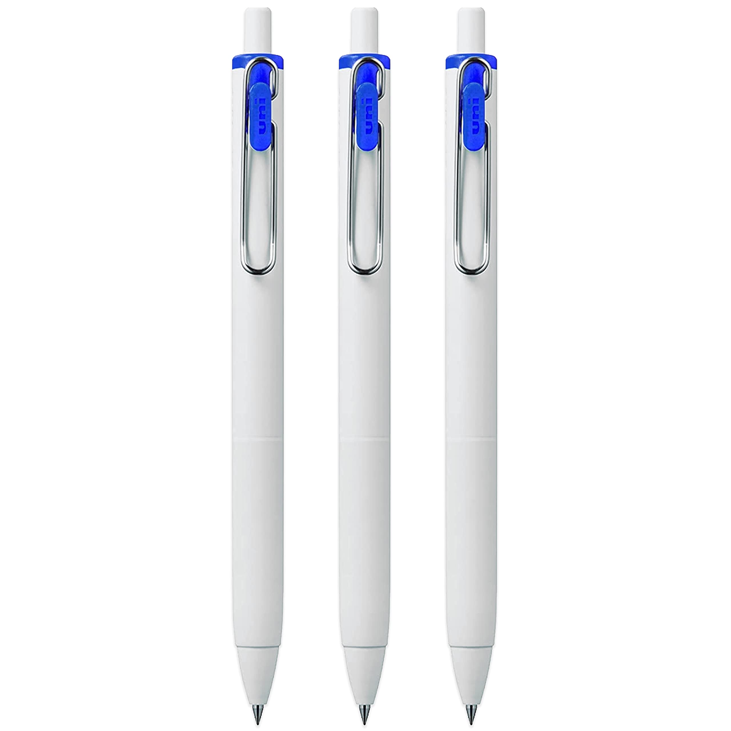 uni-ball UMN-S-05 Retractable Gel Ink Rollerball Pens - 0.5mm Tip Nib - White Barrel - Blue Ink - Pack of 3