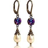 Vintage Lever back Earrings for Women Simulated Pearl Austrian Crystal Dangle Drop Victorian Antique Inspired - Jewelry Gift for Her