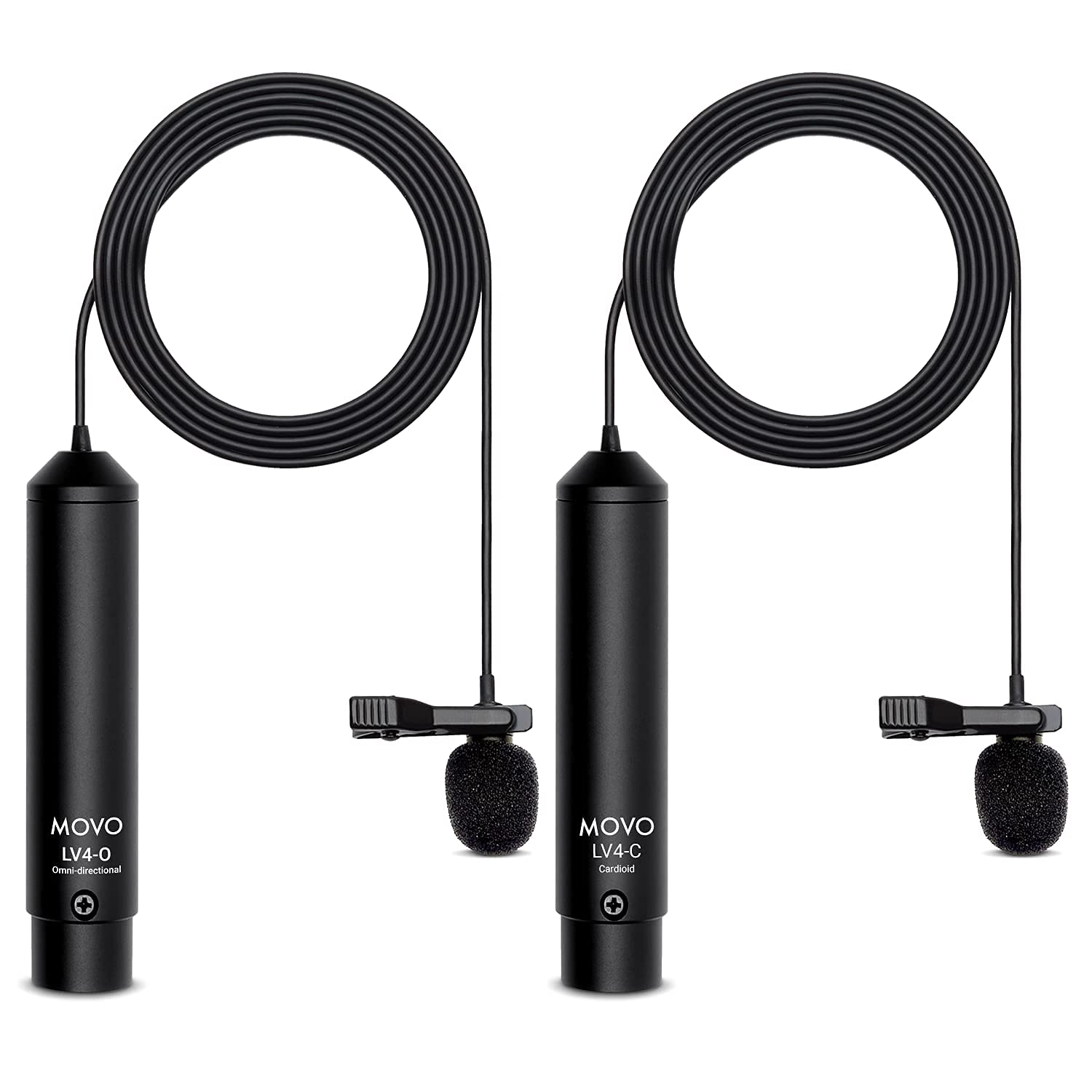 Movo LV4 Dual XLR Lavalier Interview Kit with Omnidirectional and Cardioid Microphones, Lapel Clips and Windscreens