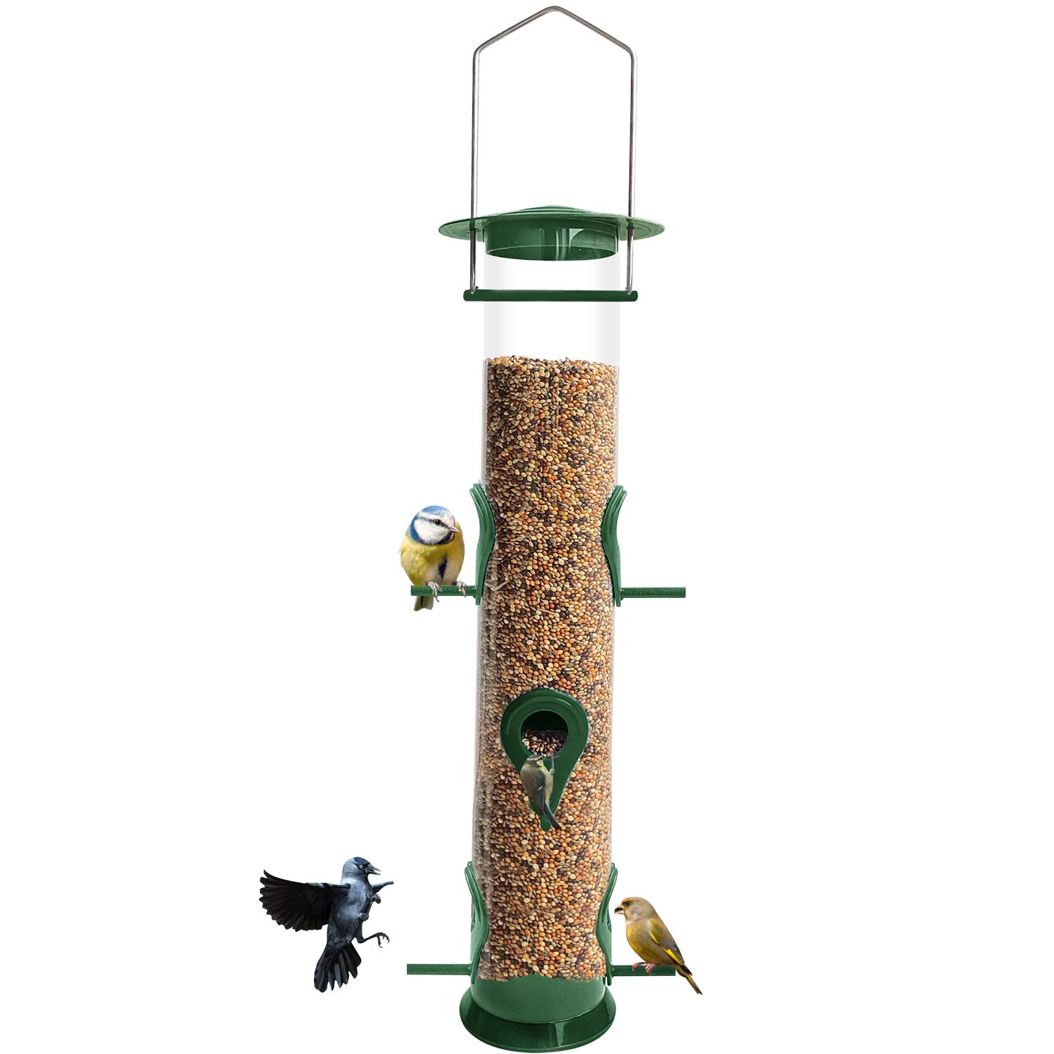 Urban Deco Bird Feeders Hanging Plastic Tube and Niger Seed Feeder With 6 Ports, Steel Hanger, Weatherproof, For Small Birds - Green - 1 Pack โ image 1
