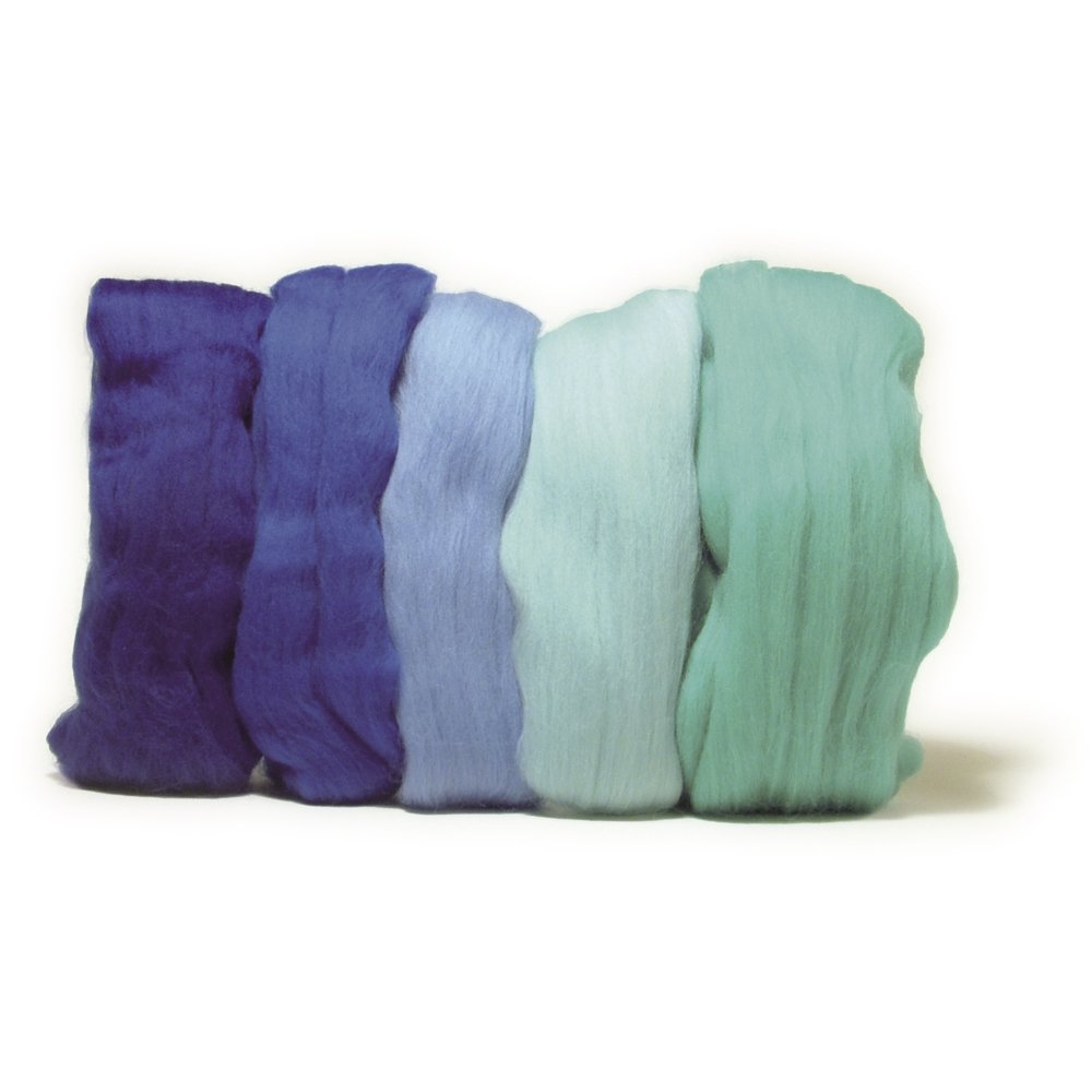 Rayher Hobby 5365100 Set of 5 Super Soft Merino Tops for Felting, Blue and Aqua Coloured Roving, 10 g each, 100 Percent Merino Wool, 19 mic — image 1