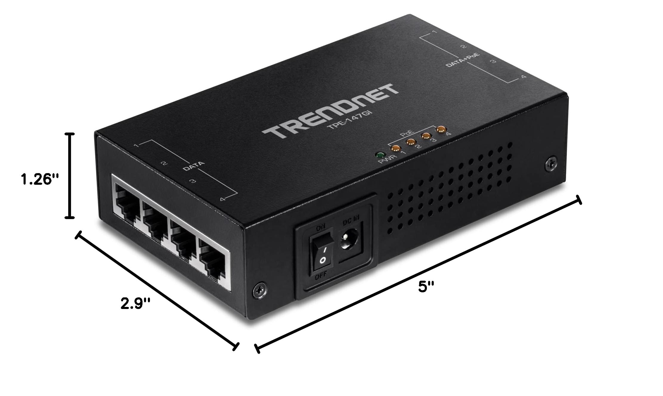 TRENDnet 65W 4-Port Gigabit PoE+ Injector, TPE-147GI, 4 x Gigabit Ports(Data in), 4 x gigabit PoE Ports(Data + PoE Out), Multi-Port PoE+ Injector up to 100m(328 ft.), Add PoE+ Power to Non-PoE Switch