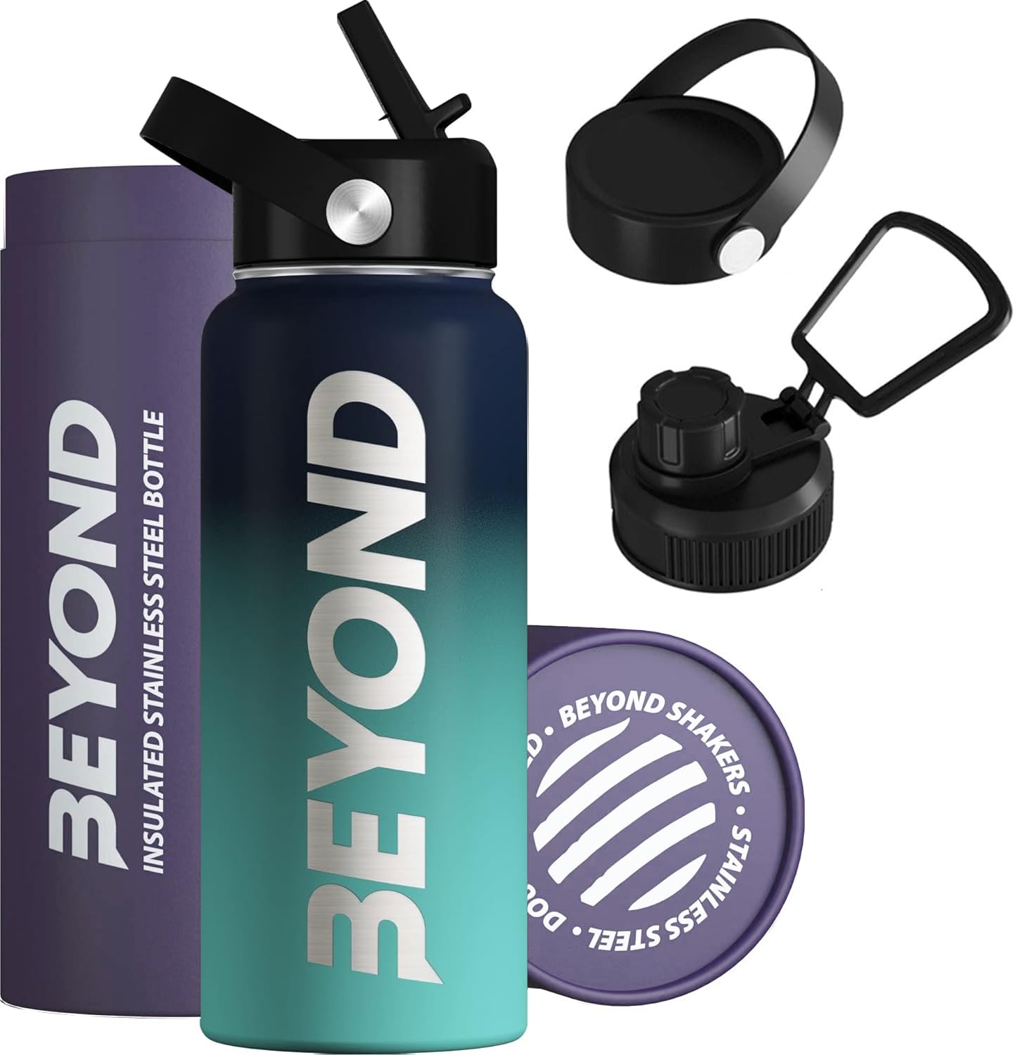 Beyond Premium Vacuum Insulated Stainless Steel Double Walled Stainless Steel Water Bottle 1000ml Wide Mouth Sports Drink Flask BPA Free (Dark & Light Blue)