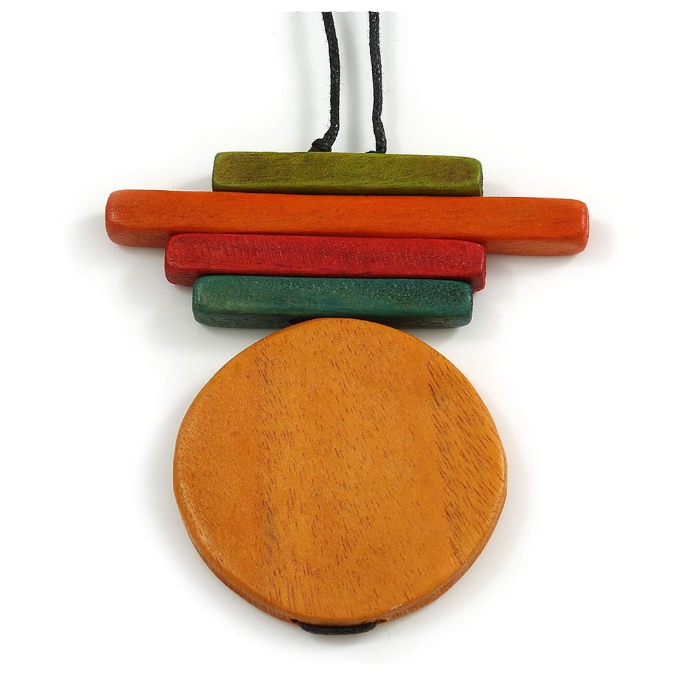 Avalaya Multicoloured Multi Bar and Disk Geometric Wood Pendant with Black Cotton Cord - 80cm Long Adjustable