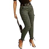 Flamingals Skinny Cargo Pants for Women Mid Waist Casual Slim Fit Multi-Pocket Cargo Jogger Hiking Pants with 6 Pockets