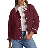 Tankaneo Womens Cropped Jacket Lightweight Casual Zip Up Barn Jackets Fall Contrast Plaid Outerwear Coat