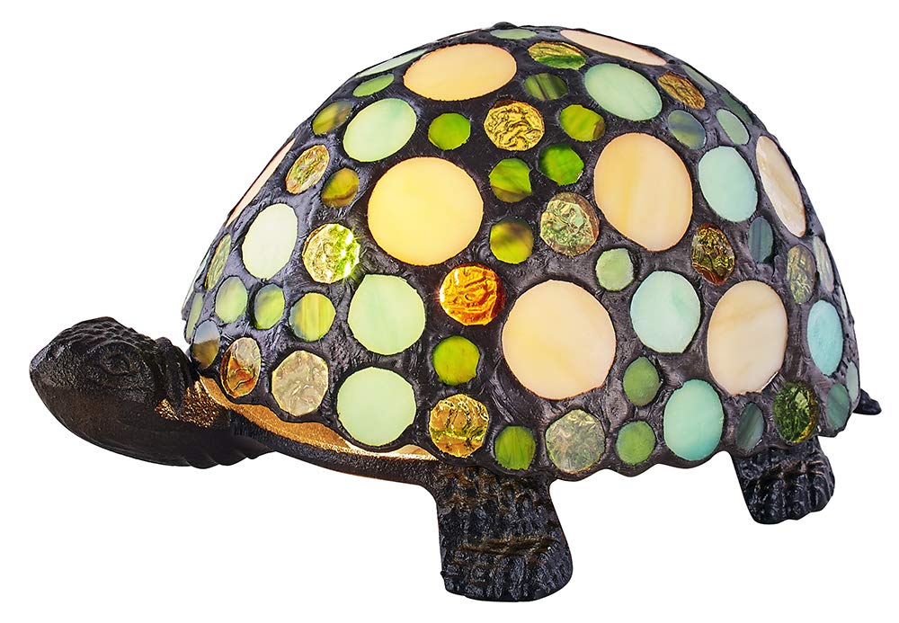 Happy Homewares Uniquely Handmade Green and Amber Pebble Glass Tortoise Tiffany Lamp with Antique Bronze Resin Base
