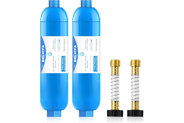 RV Inline Water Filter with Flexible Hose Protector,Dedicated for RVs and Marines,2 Pack Drinking & Washing Filter,Reduces Le