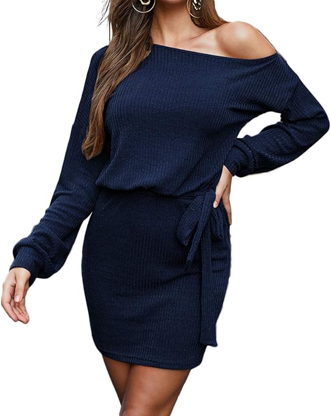 Amazon.com: Womenâs Long Sleeve Off Shoulder Plain Elastic Knitted Sweater Dress with Belt: Clothing