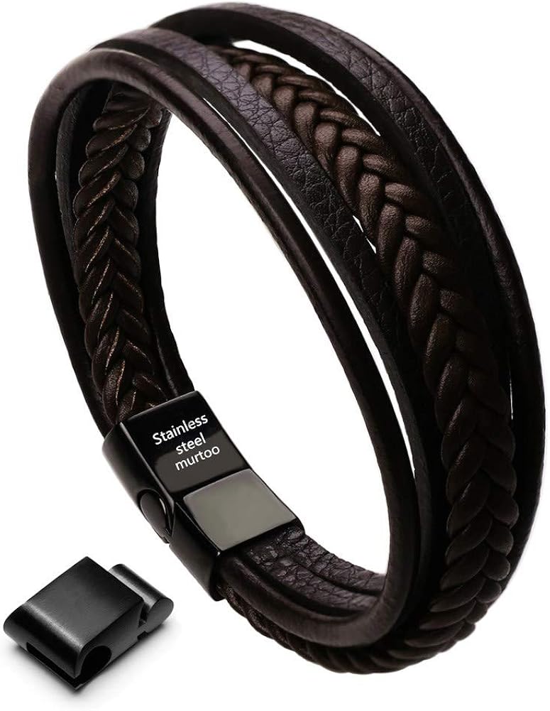 Murtoo Mens Leather Bracelet with Magnetic Clasp Cowhide Multi-Layer Braided Leather Mens Bracelet: Jewelry