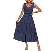 ZESICA Women's 2026 Summer Boho Sleeveless Midi Dresses Casual V Neck Spaghetti Strap Flowy A Line Tiered Beach Long Sundress