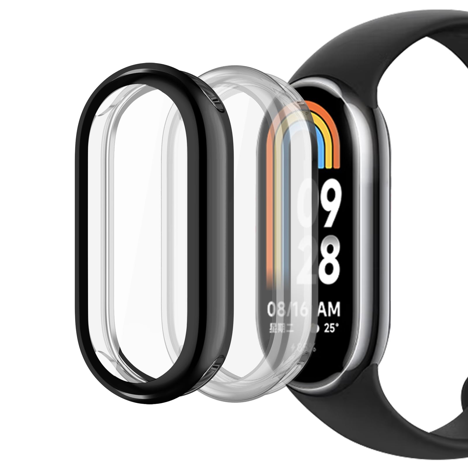 sciuU Protective Case compatible with Xiaomi Mi Smart Band 8 Fitness, [2 Pack] All-around Flexible TPU Case with Screen Protector, Soft Frame Shock Resistant Cover for Mi Band 8 - Black+Clear