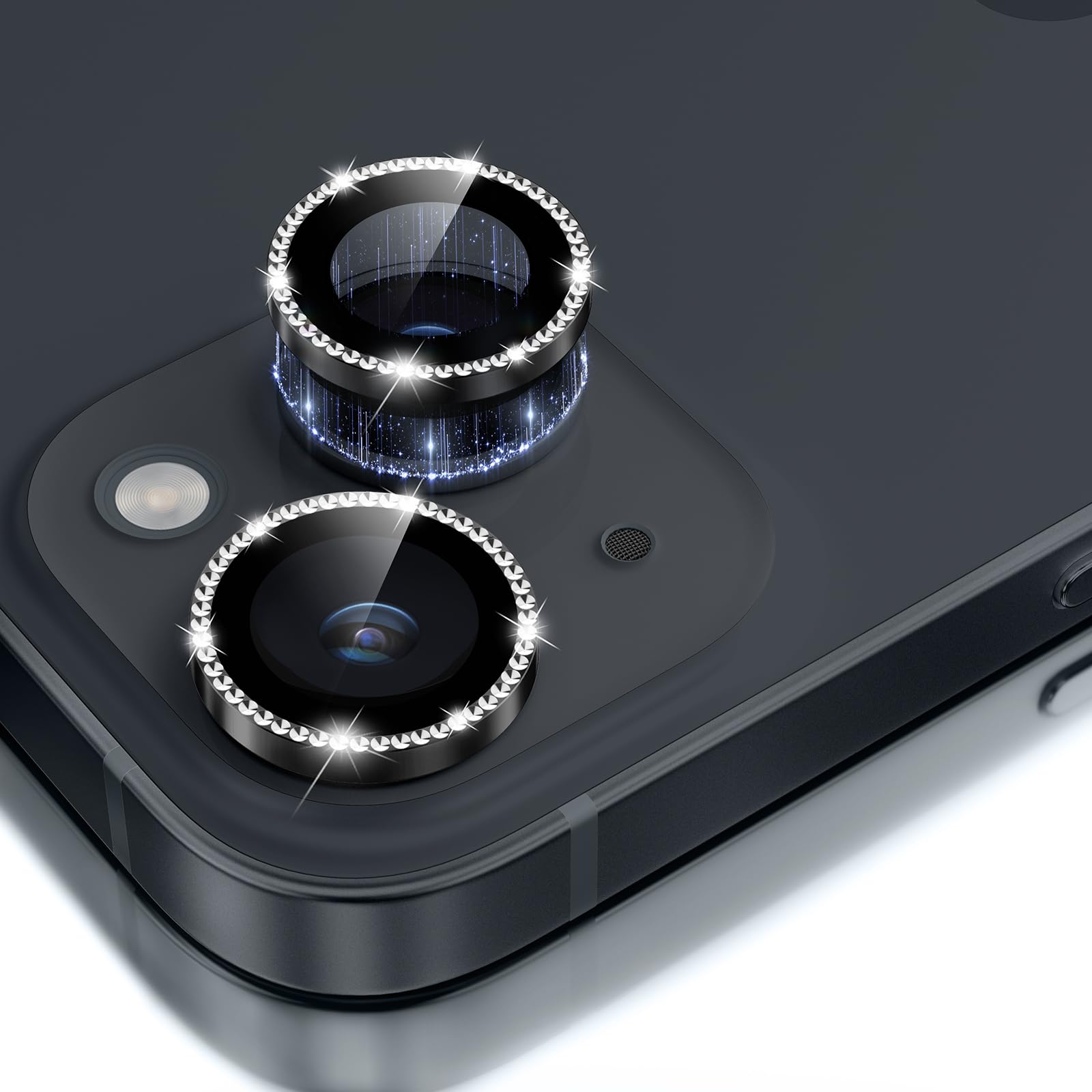 GolbinBox Camera Lens Protector for iPhone 14/14 Plus, 1:1 Invisible Fit, 9H Tempered Glass Ultra HD Metal Individual Camera Cover for Women, Case Friendly, Bling/Black