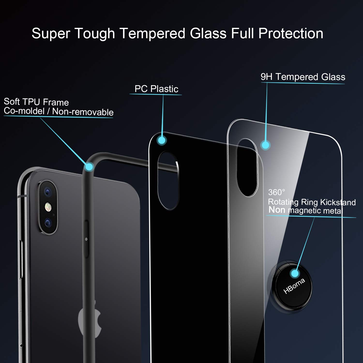 HBorna iPhone X Hülle，Kratzfest Gehärtetes Glas Rückschale Schutzhülle & Schutzfolie TPU Bumper mit 360 Grad drehbarer Ring Ständer for Apple iPhone X, iPhone 10 (Schwarz)
