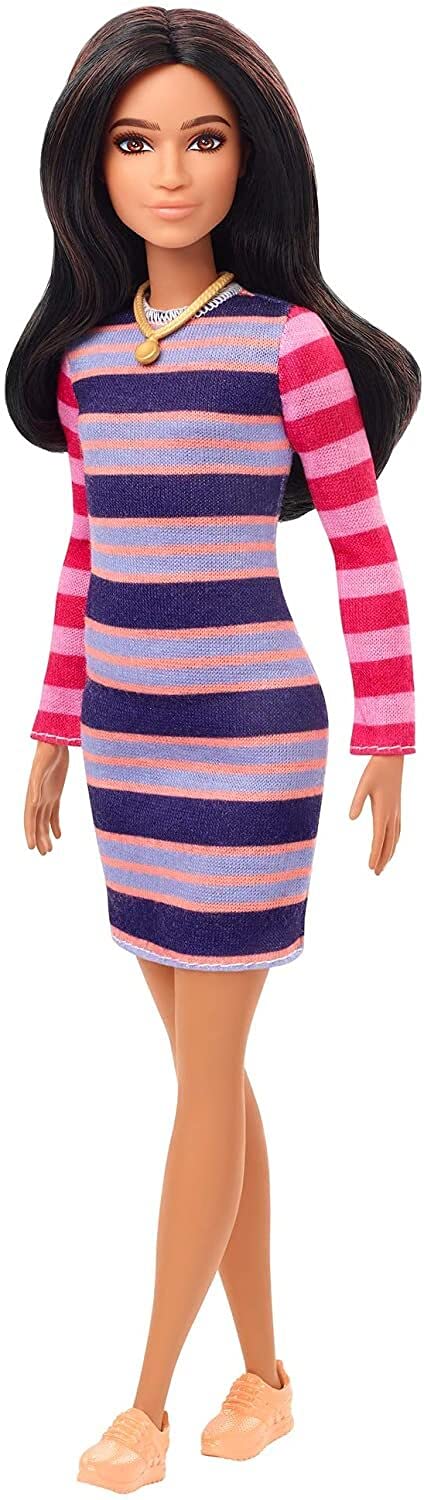 Barbie GYB02 Fashionistas Doll with Striped Long Sleeve Dress, Toy for Kids 3 to 8 Years Old, 30.45 cm*5.08 cm*10.16 cm