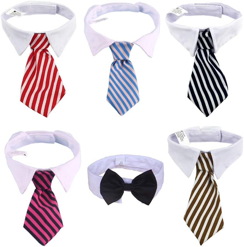 ANIAC 6 PCS Pet Adjustable Striped Necktie with White Collar Neck Accessories for Cats and Small Dogs
