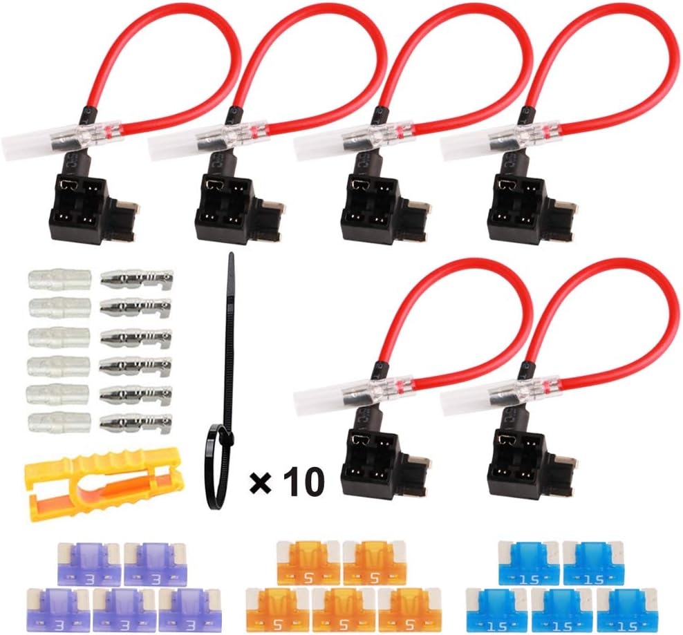 GTIWUNG 32V Low Profile Fuse Holder, Car Add-A-Circuit Fuse Tap with Wire Harness, Piggy Back Blade Fuse Holder Connector, Mini Fuse Tap with 3A/5A/15A Fuse and Fuse Puller (Pack of 6)