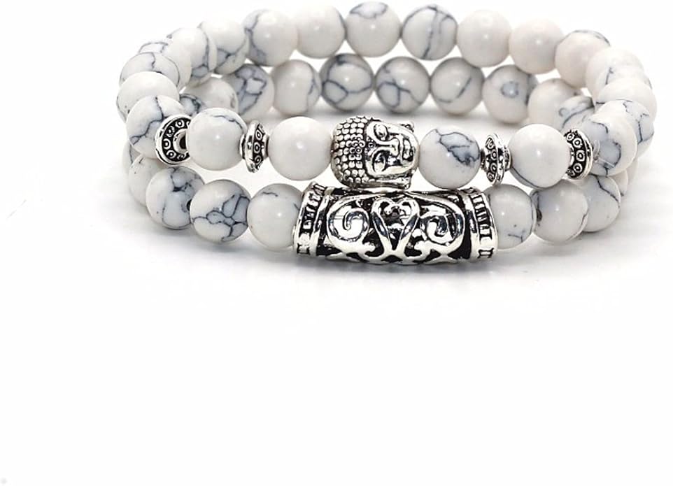 Indilop Buddha Bracelet 2pcs Natural Stone Beads (White Howlite