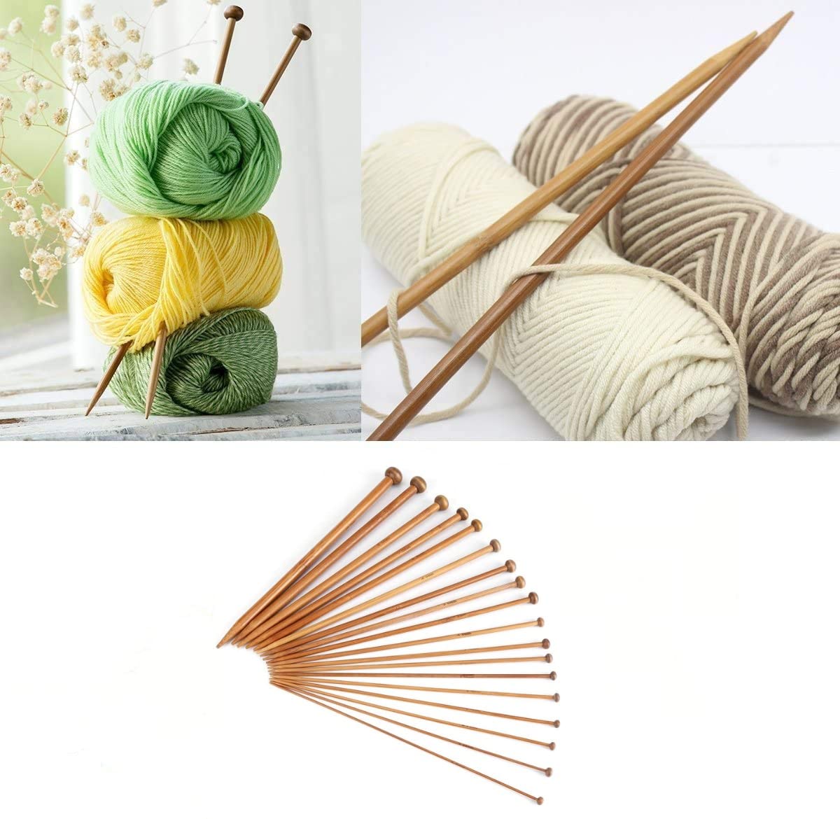 Zerodis 18 Sizes Bamboo Knitting Needles Set, Single Pointed Carbonized Knitting Needle for Handmade Creative DIY (2mm to 10mm)