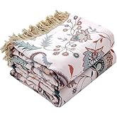Boho Throw Blanket for Bed,100% Ultra Cotton Soft Breathable Bed Throw Floral Printed Farmhouse Decor Rustic Bed Throws for Couch Sofa Quilt White Flowers 60" x 80"