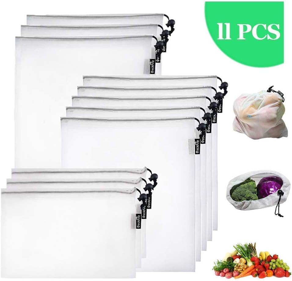 Mesh Produce Bags Reusable, Washable Grocery Shopping Bag for Veggies Fruits Grains, See Through Home Kitchen Organizing Sacks, Lightweight Travel Backpack with Drawstring(3 Large+5 Medium+3 Small)